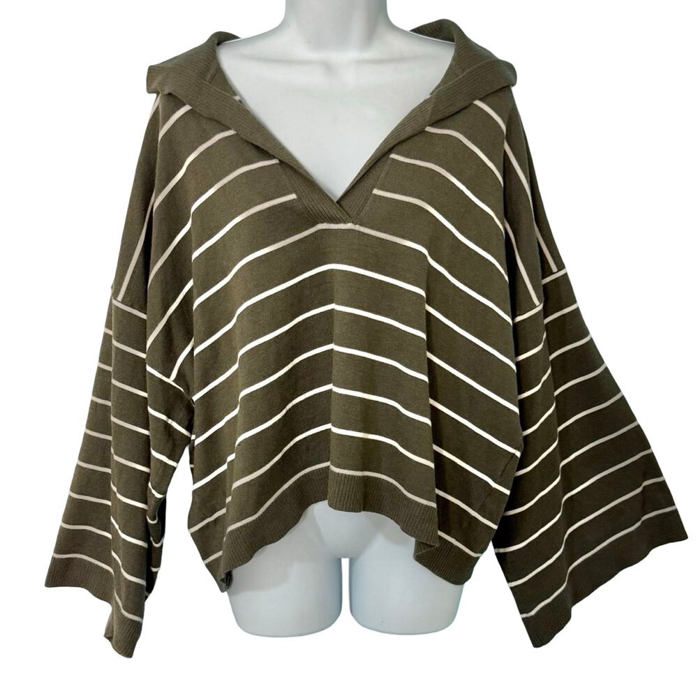 Max Studio Olive Green White Striped Collared Wide Sleeve Pullover Sweater Sz L